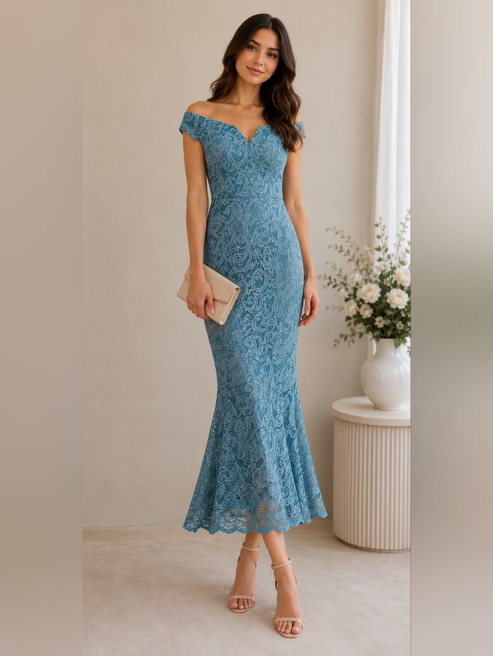 VENUS Dusty Blue Off-Shoulder Lace Midi Dress